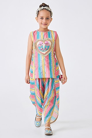 Multi-Colored Cotton Chanderi Embellished Co-Ord Set For Girls by Joey and Pooh Kids
