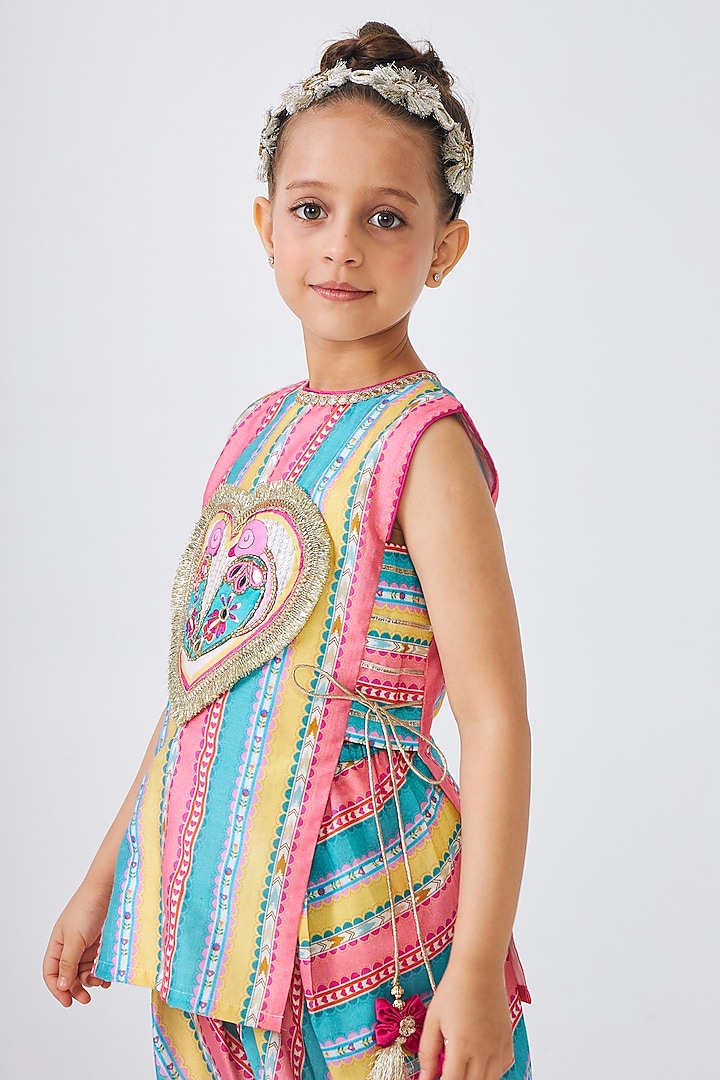 Multi-Colored Cotton Chanderi Embellished Co-Ord Set For Girls by Joey and Pooh Kids at Pernia's Pop Up Shop