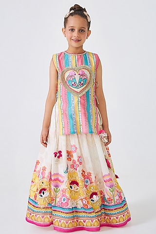 Multi-Colored Cotton Chanderi Hand Embroidered Lehenga Set For Girls by Joey and Pooh Kids