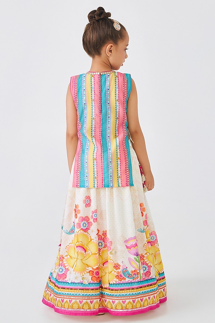 Multi-Colored Cotton Chanderi Hand Embroidered Lehenga Set For Girls by Joey and Pooh Kids at Pernia's Pop Up Shop