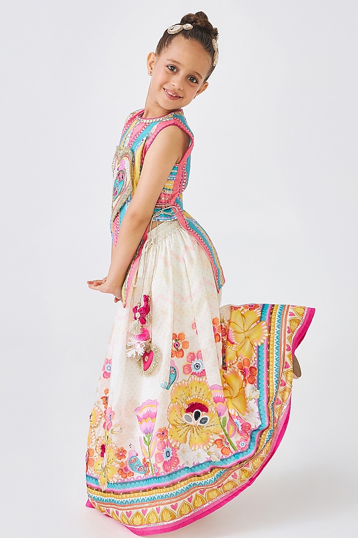 Multi-Colored Cotton Chanderi Hand Embroidered Lehenga Set For Girls by Joey and Pooh Kids at Pernia's Pop Up Shop