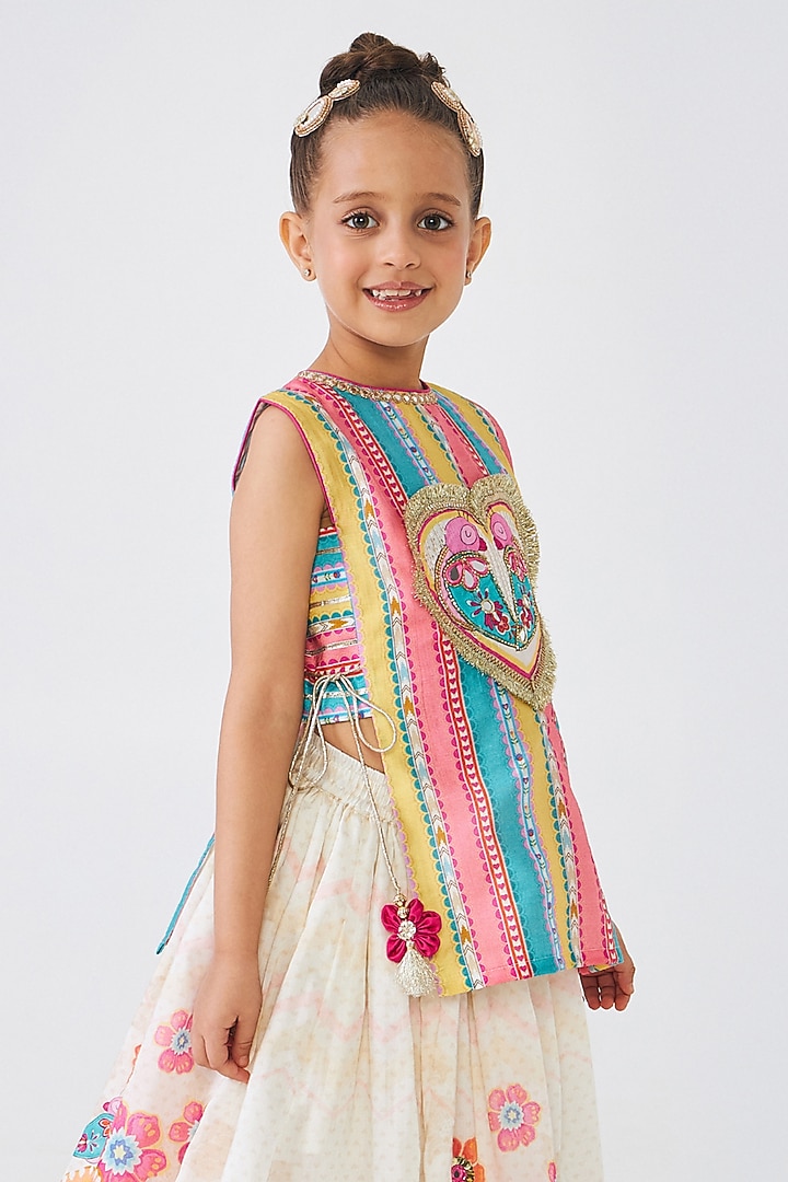 Multi-Colored Cotton Chanderi Hand Embroidered Lehenga Set For Girls by Joey and Pooh Kids at Pernia's Pop Up Shop