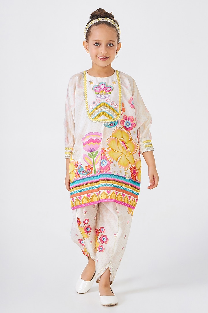 Off-White Cotton Chanderi Embellished Co-Ord Set For Girls by Joey & Pooh at Pernia's Pop Up Shop