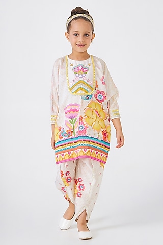 Off-White Cotton Chanderi Embellished Co-Ord Set For Girls by Joey and Pooh Kids