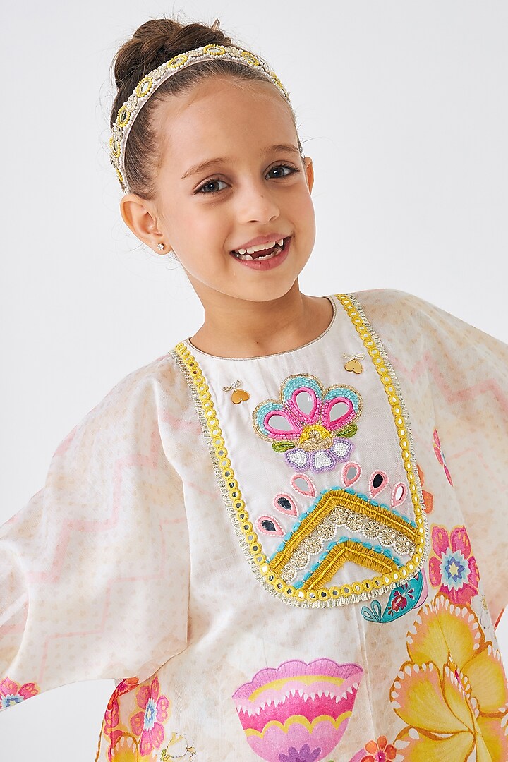 Off-White Cotton Chanderi Embellished Co-Ord Set For Girls by Joey and Pooh Kids at Pernia's Pop Up Shop