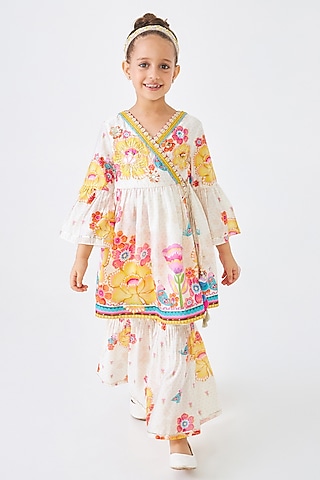 Off-White Cotton Chanderi Printed & Embellished Co-Ord Set For Girls by Joey and Pooh Kids