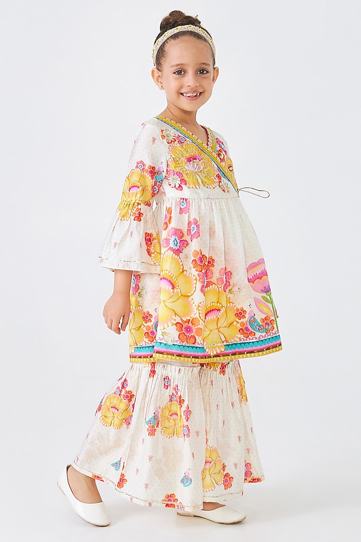 Off-White Cotton Chanderi Printed & Embellished Co-Ord Set For Girls by Joey and Pooh Kids at Pernia's Pop Up Shop