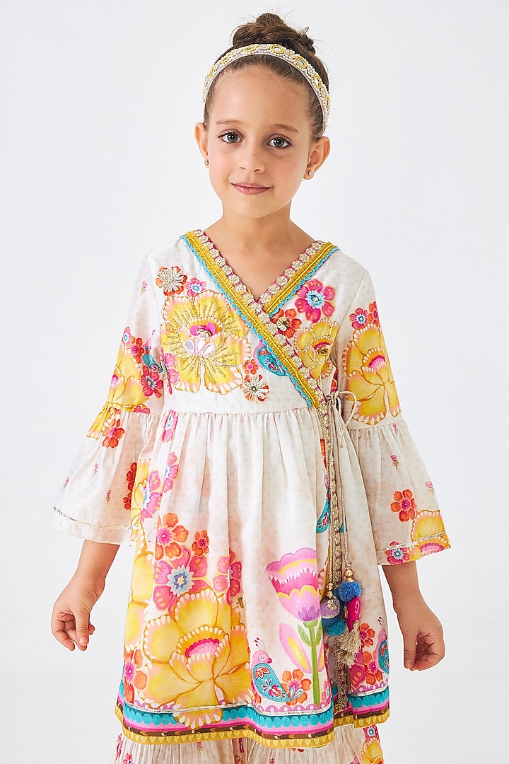 Off-White Cotton Chanderi Printed & Embellished Co-Ord Set For Girls by Joey and Pooh Kids at Pernia's Pop Up Shop