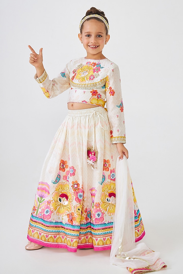 Off-White Cotton Chanderi Embroidered Lehenga Set For Girls by Joey & Pooh at Pernia's Pop Up Shop