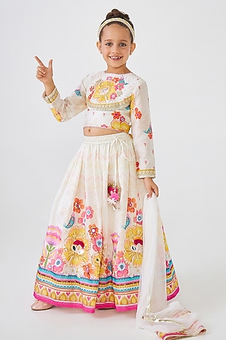 Off-White Cotton Chanderi Embroidered Lehenga Set For Girls by Joey and Pooh Kids
