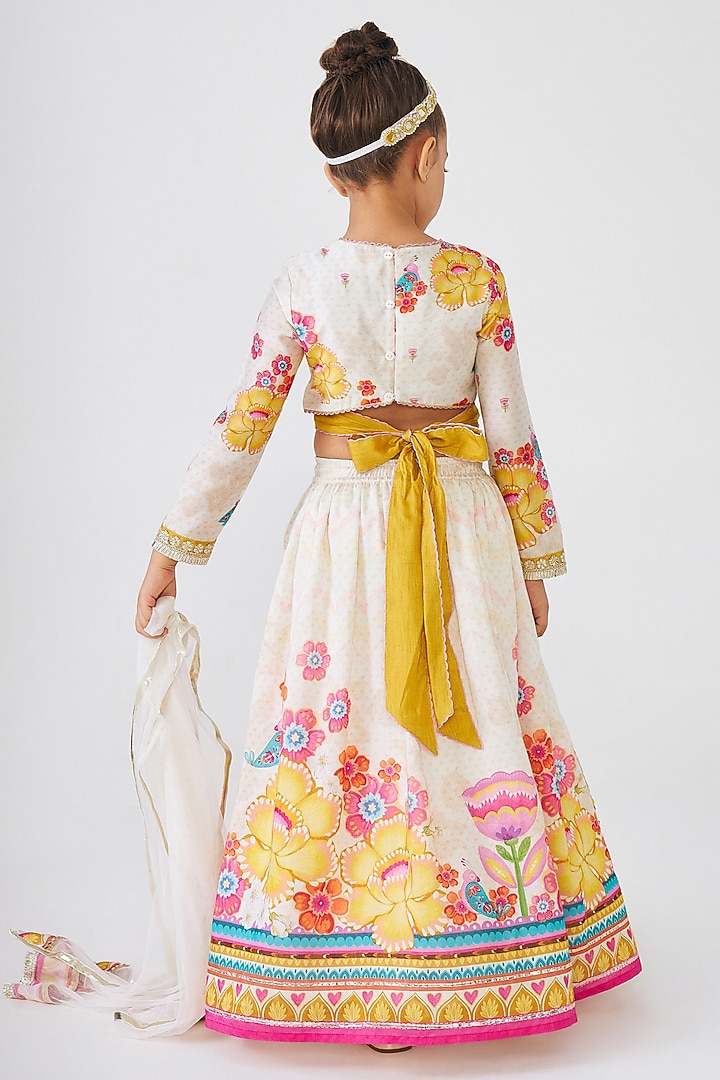 Off-White Cotton Chanderi Embroidered Lehenga Set For Girls by Joey and Pooh Kids at Pernia's Pop Up Shop