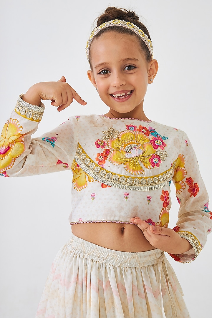 Off-White Cotton Chanderi Embroidered Lehenga Set For Girls by Joey and Pooh Kids at Pernia's Pop Up Shop