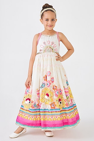 Off-White Cotton Chanderi Embroidered Dress Set For Girls by Joey and Pooh Kids