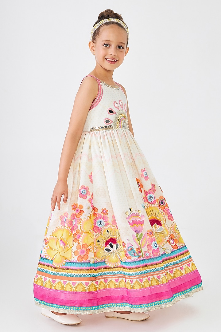 Off-White Cotton Chanderi Embroidered Dress Set For Girls by Joey and Pooh Kids at Pernia's Pop Up Shop