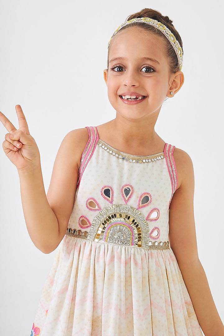 Off-White Cotton Chanderi Embroidered Dress Set For Girls by Joey and Pooh Kids at Pernia's Pop Up Shop