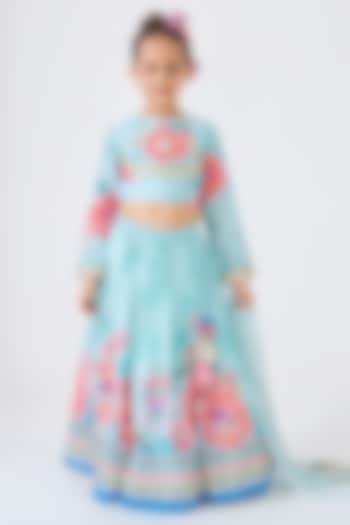 Turquoise Cotton Chanderi Embroidered Lehenga Set For Girls by Joey & Pooh at Pernia's Pop Up Shop