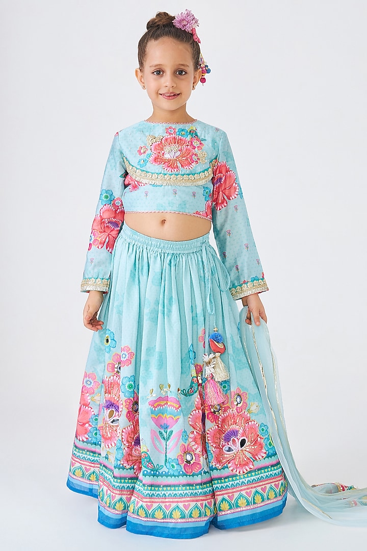 Turquoise Cotton Chanderi Embroidered Lehenga Set For Girls by Joey & Pooh at Pernia's Pop Up Shop