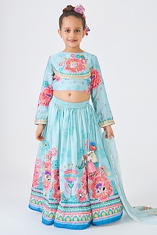 Turquoise Cotton Chanderi Embroidered Lehenga Set For Girls by Joey and Pooh Kids