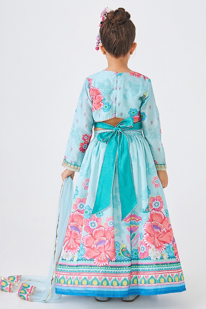 Turquoise Cotton Chanderi Embroidered Lehenga Set For Girls by Joey and Pooh Kids at Pernia's Pop Up Shop