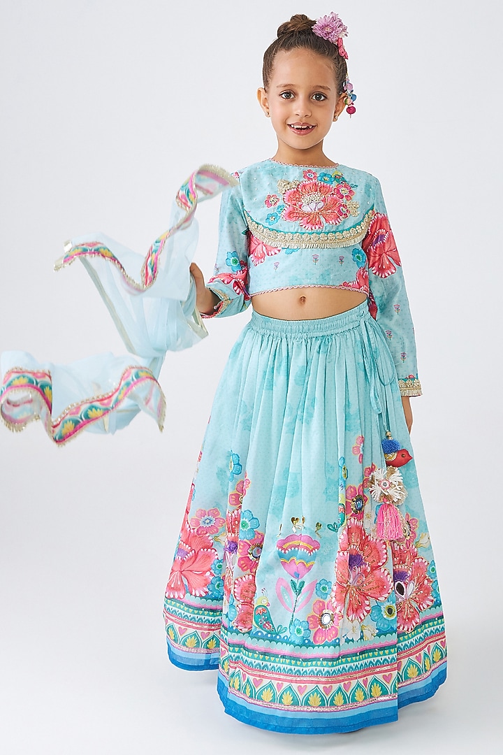 Turquoise Cotton Chanderi Embroidered Lehenga Set For Girls by Joey and Pooh Kids at Pernia's Pop Up Shop