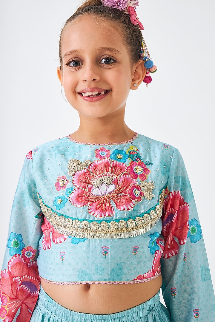 Turquoise Cotton Chanderi Embroidered Lehenga Set For Girls by Joey and Pooh Kids at Pernia's Pop Up Shop