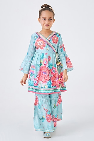 Turquoise Cotton Chanderi Embellished Co-Ord Set For Girls by Joey and Pooh Kids