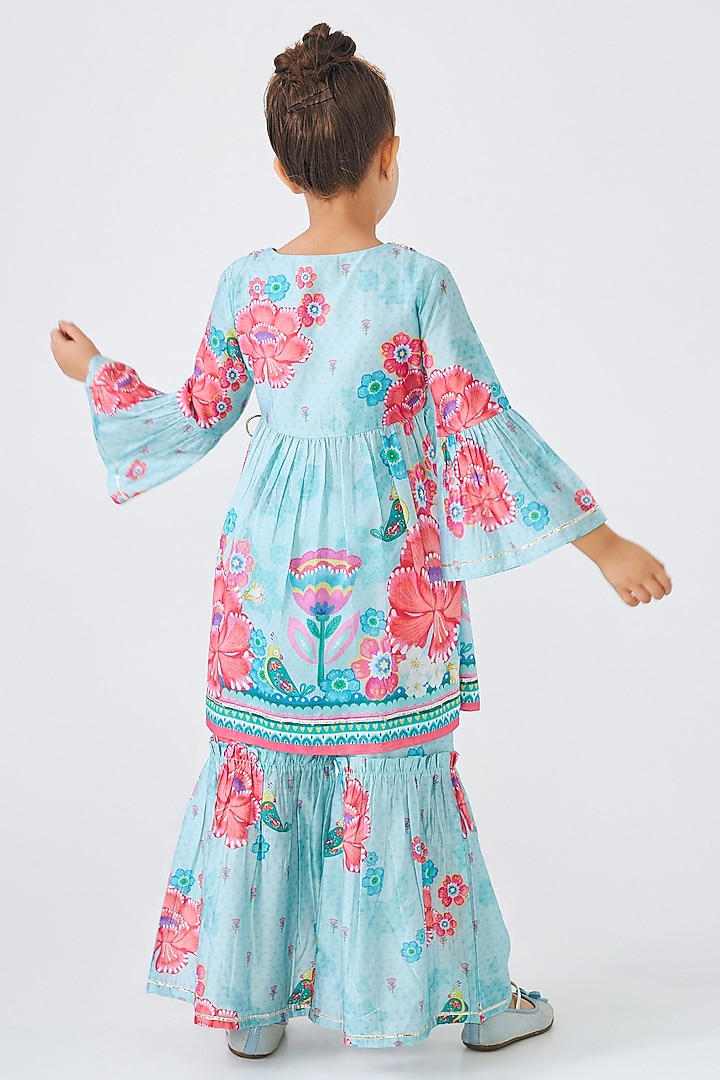 Turquoise Cotton Chanderi Embellished Co-Ord Set For Girls by Joey and Pooh Kids at Pernia's Pop Up Shop