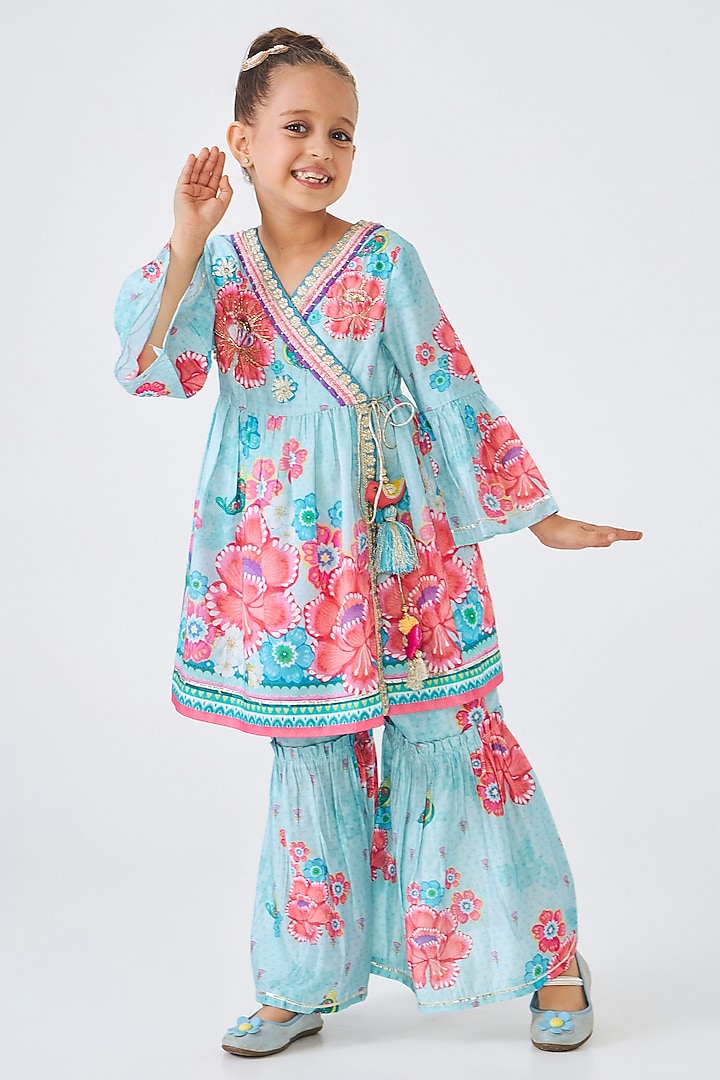 Turquoise Cotton Chanderi Embellished Co-Ord Set For Girls by Joey and Pooh Kids at Pernia's Pop Up Shop