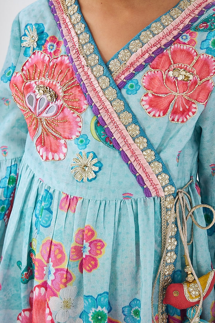Turquoise Cotton Chanderi Embellished Co-Ord Set For Girls by Joey and Pooh Kids at Pernia's Pop Up Shop
