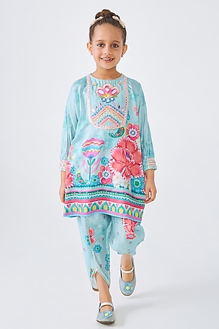 Turquoise Cotton Chanderi Embellished Co-Ord Set For Girls by Joey and Pooh Kids