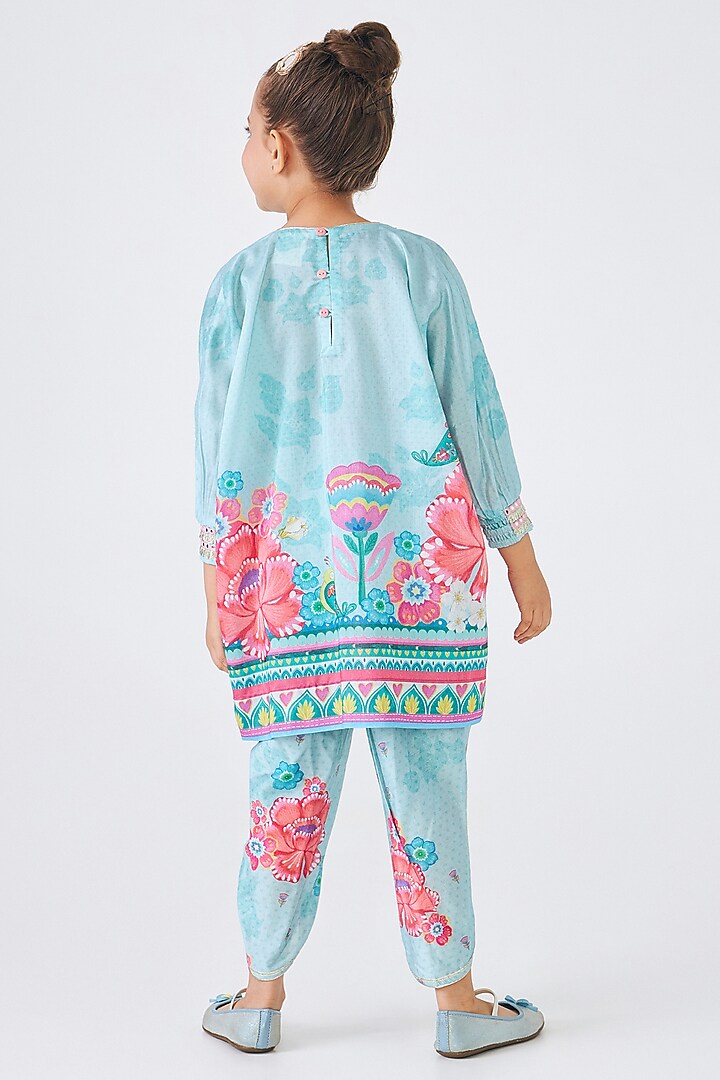 Turquoise Cotton Chanderi Embellished Co-Ord Set For Girls by Joey and Pooh Kids at Pernia's Pop Up Shop