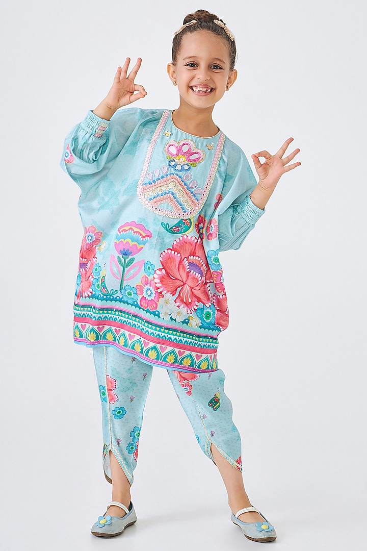 Turquoise Cotton Chanderi Embellished Co-Ord Set For Girls by Joey and Pooh Kids at Pernia's Pop Up Shop