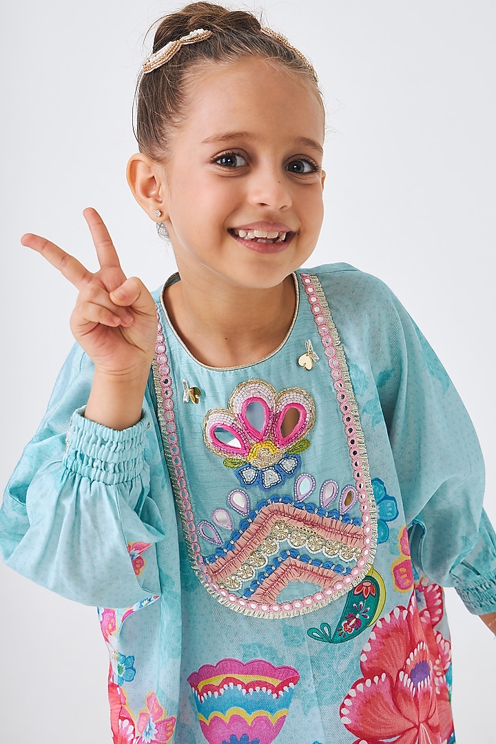 Turquoise Cotton Chanderi Embellished Co-Ord Set For Girls by Joey and Pooh Kids at Pernia's Pop Up Shop