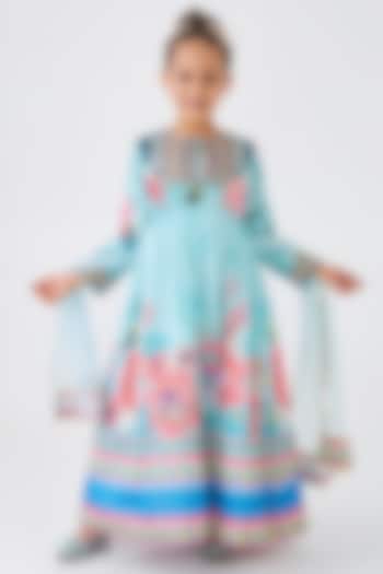 Turquoise Cotton Chanderi Embroidered Dress For Girls by Joey & Pooh at Pernia's Pop Up Shop