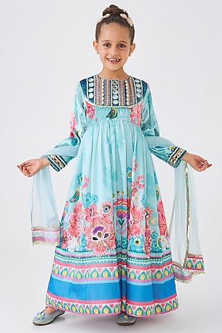 Turquoise Cotton Chanderi Embroidered Dress For Girls by Joey and Pooh Kids