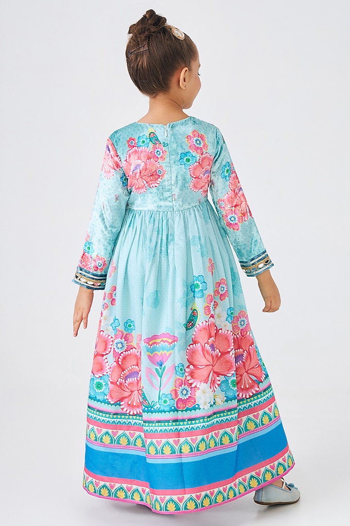 Turquoise Cotton Chanderi Embroidered Dress For Girls by Joey and Pooh Kids at Pernia's Pop Up Shop