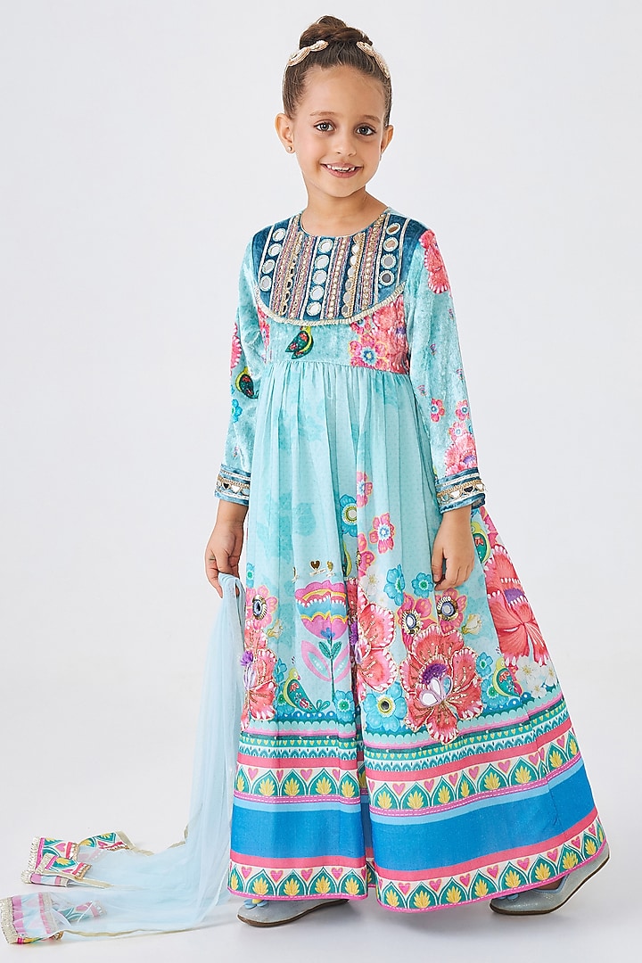 Turquoise Cotton Chanderi Embroidered Dress For Girls by Joey and Pooh Kids at Pernia's Pop Up Shop