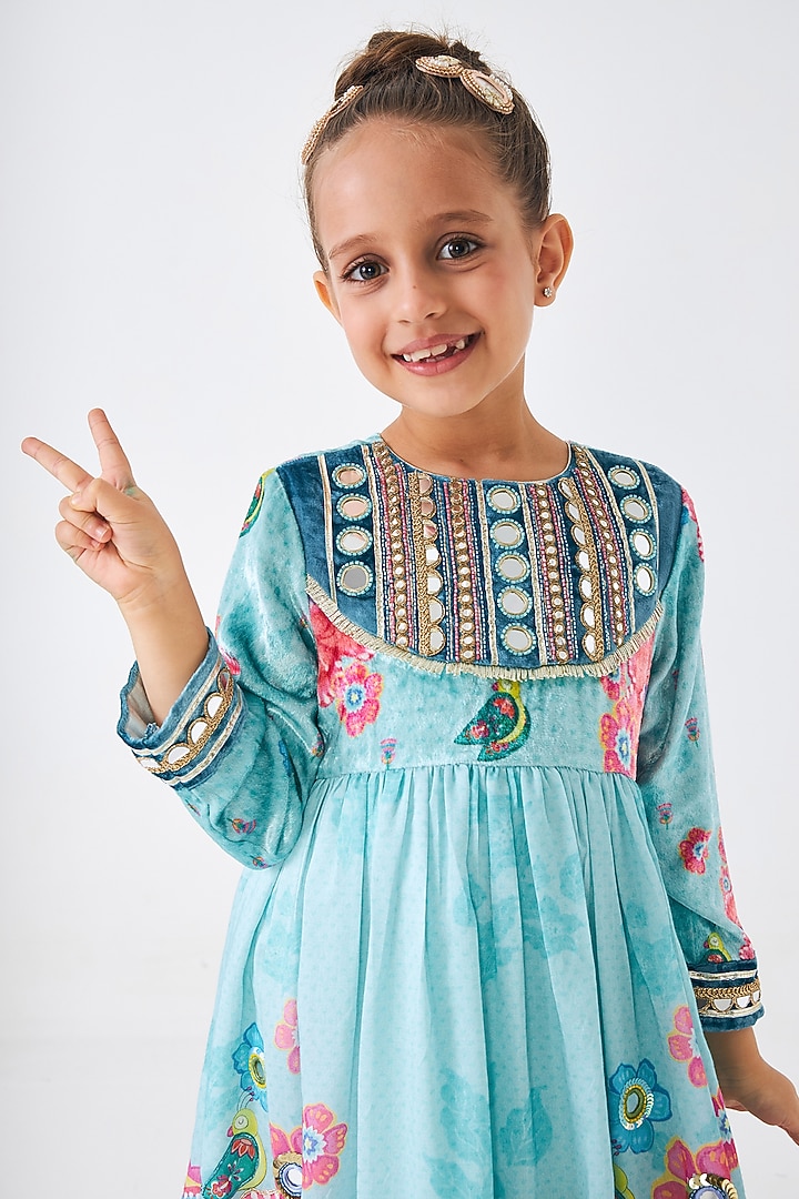Turquoise Cotton Chanderi Embroidered Dress For Girls by Joey and Pooh Kids at Pernia's Pop Up Shop