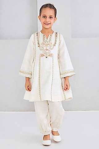 Off-White Bemberg Satin Embroidered Co-Ord Set For Girls by Joey and Pooh Kids