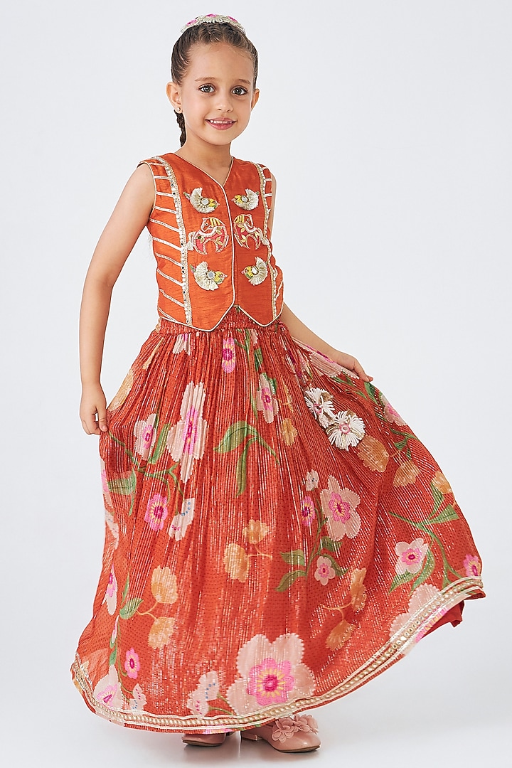 Orange Lurex Georgette Printed Lehenga Set For Girls by Joey & Pooh at Pernia's Pop Up Shop
