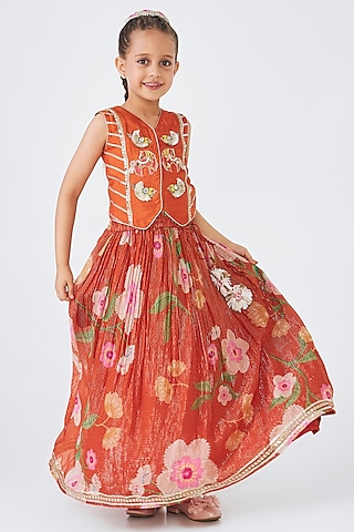 Orange Lurex Georgette Printed Lehenga Set For Girls by Joey and Pooh Kids