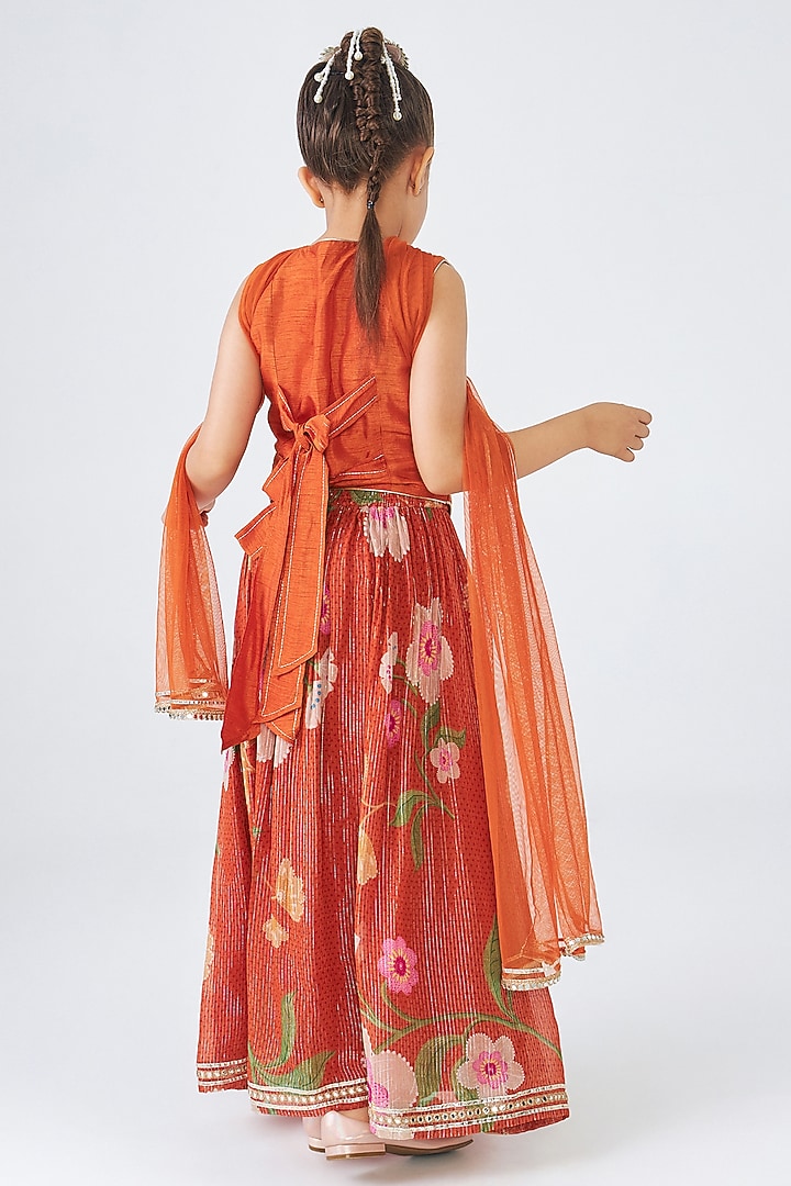 Orange Lurex Georgette Printed Lehenga Set For Girls by Joey and Pooh Kids at Pernia's Pop Up Shop