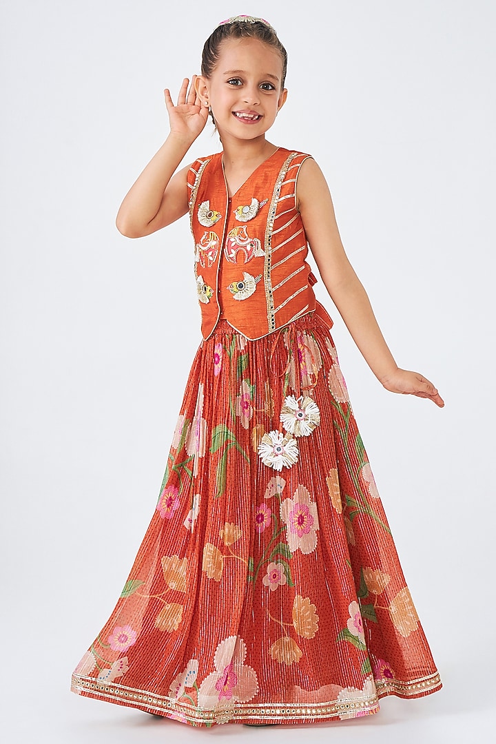 Orange Lurex Georgette Printed Lehenga Set For Girls by Joey and Pooh Kids at Pernia's Pop Up Shop