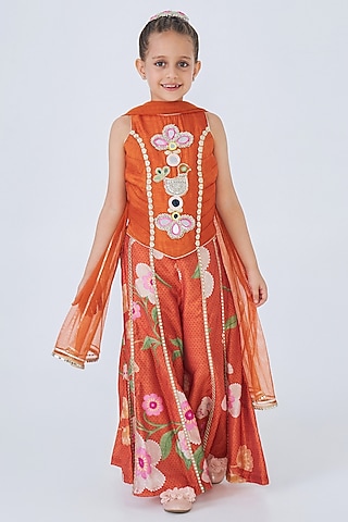 Orange Cotton Chanderi Printed Pant Set For Girls by Joey and Pooh Kids
