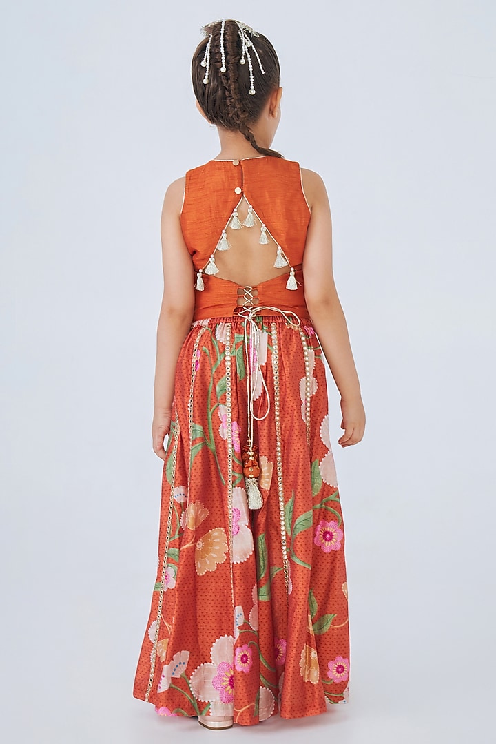 Orange Cotton Chanderi Printed Pant Set For Girls by Joey and Pooh Kids at Pernia's Pop Up Shop