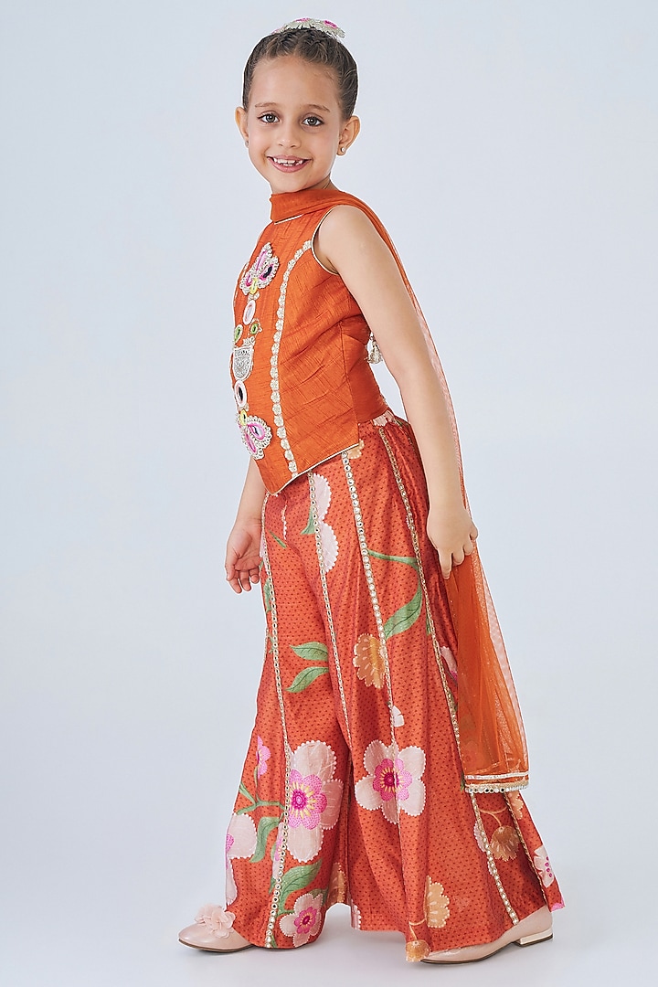 Orange Cotton Chanderi Printed Pant Set For Girls by Joey and Pooh Kids at Pernia's Pop Up Shop