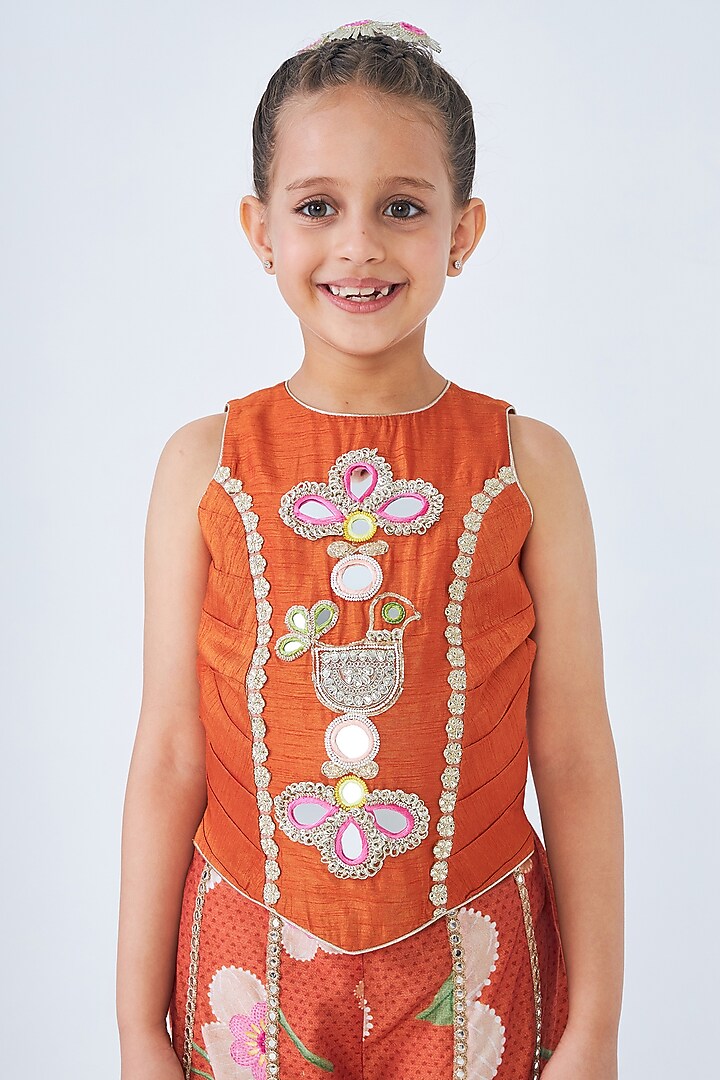 Orange Cotton Chanderi Printed Pant Set For Girls by Joey and Pooh Kids at Pernia's Pop Up Shop