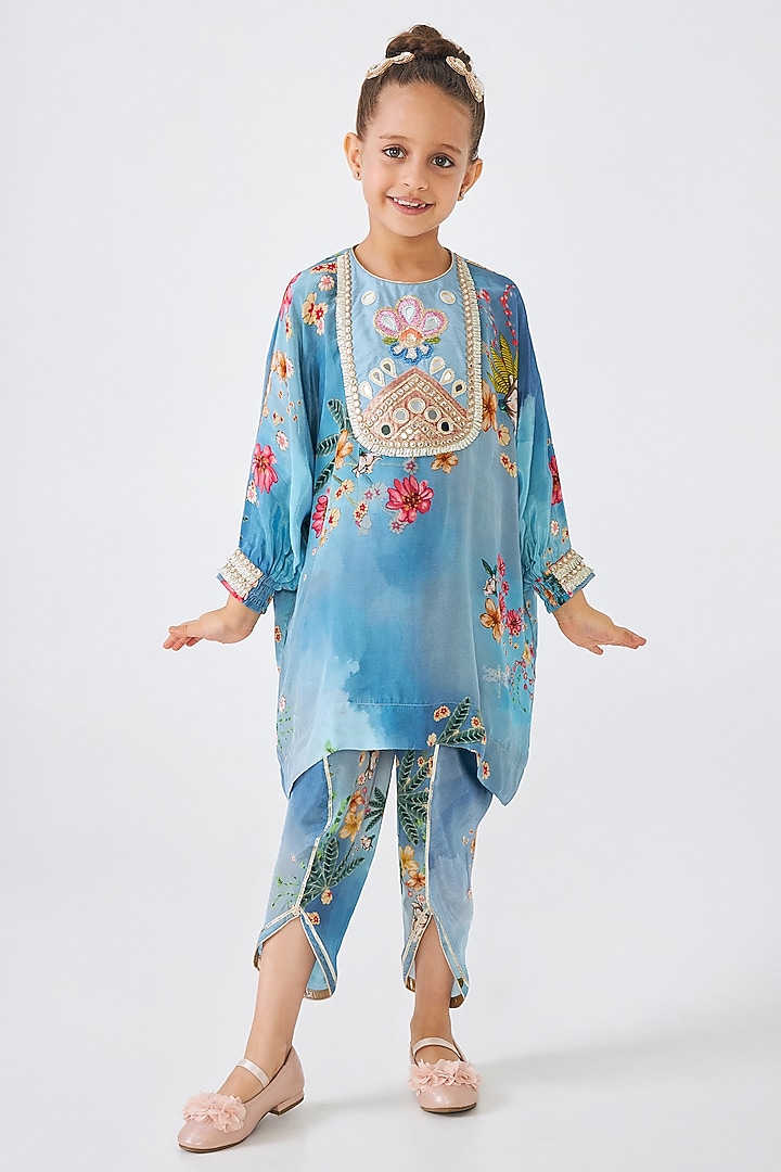 Blue Crepe Embroidered Co-Ord Set For Girls by Joey & Pooh at Pernia's Pop Up Shop