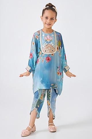 Blue Crepe Embroidered Co-Ord Set For Girls by Joey and Pooh Kids