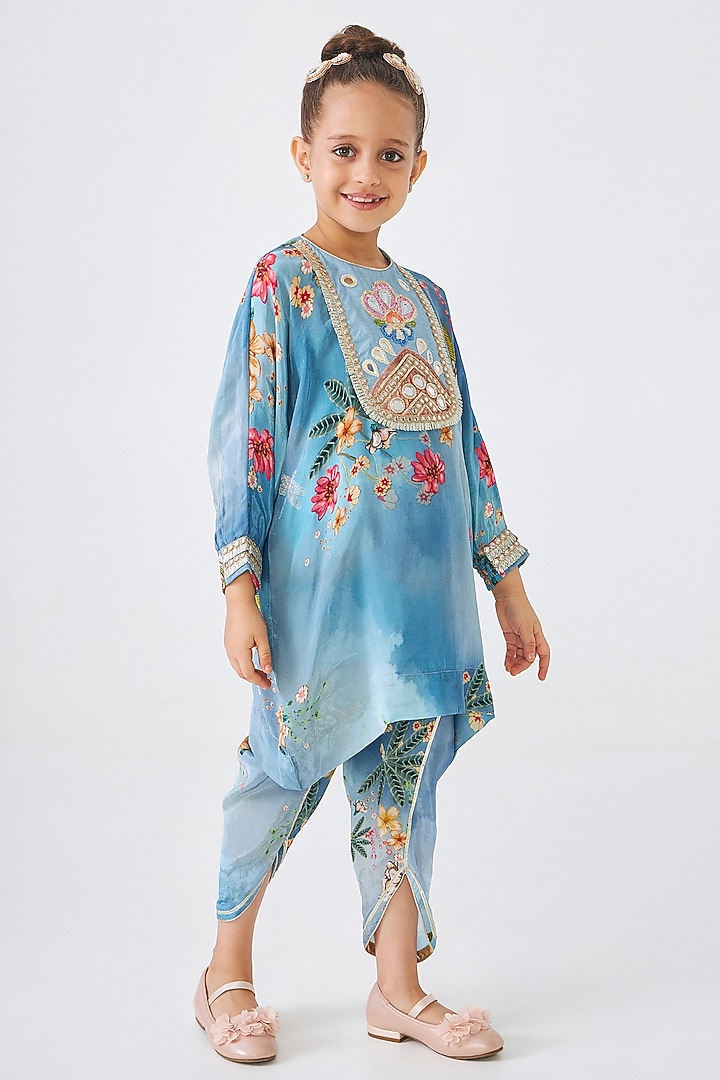 Blue Crepe Embroidered Co-Ord Set For Girls by Joey and Pooh Kids at Pernia's Pop Up Shop